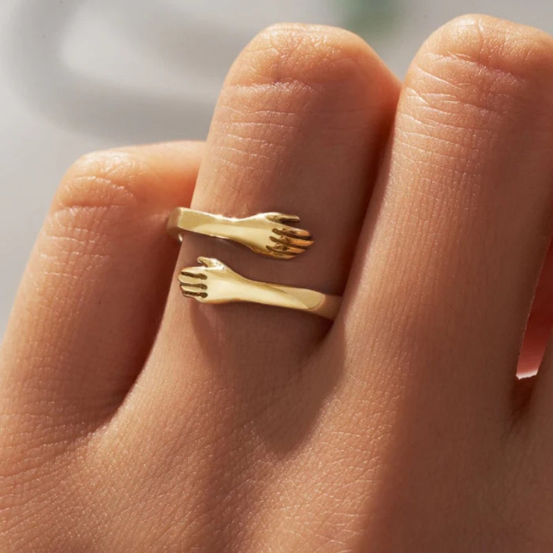 Adjustable Open Ring with Intertwined Hands