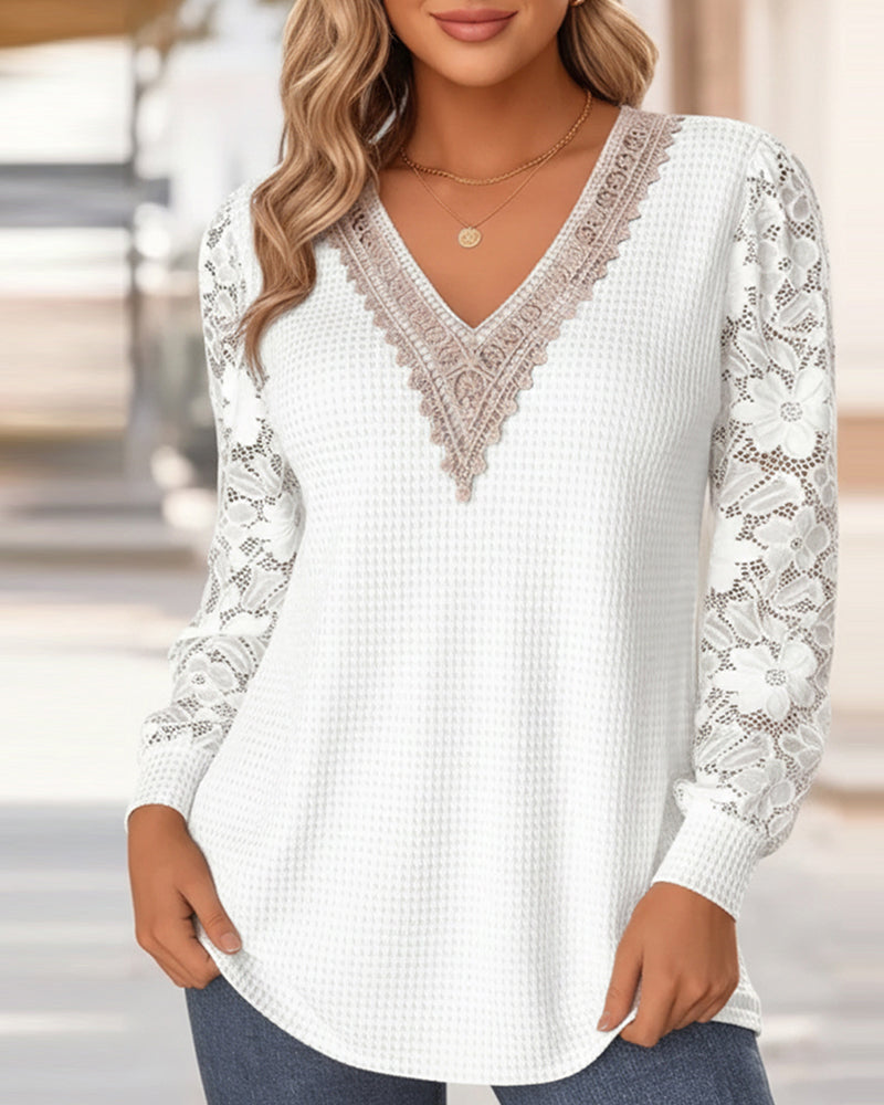 Image of Alison | Women's Lace Sleeve V-Neck Long Sleeve T-Shirt