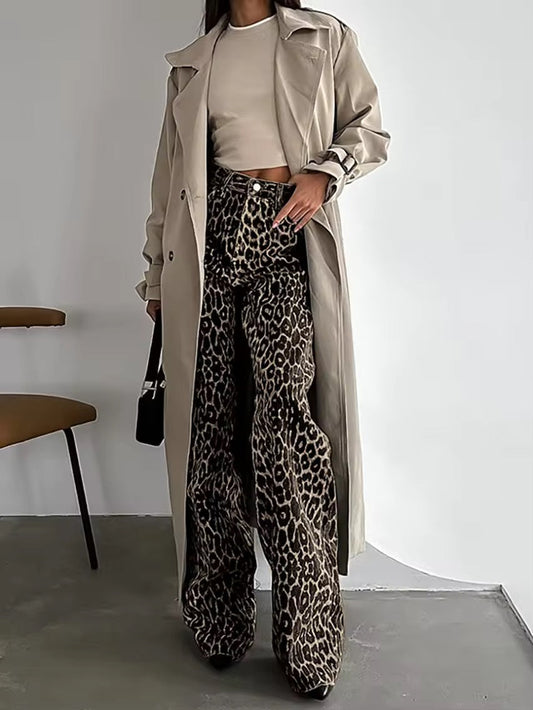 Image of Amanda | Women's High-Waisted Leopard Print Wide Leg Jeans