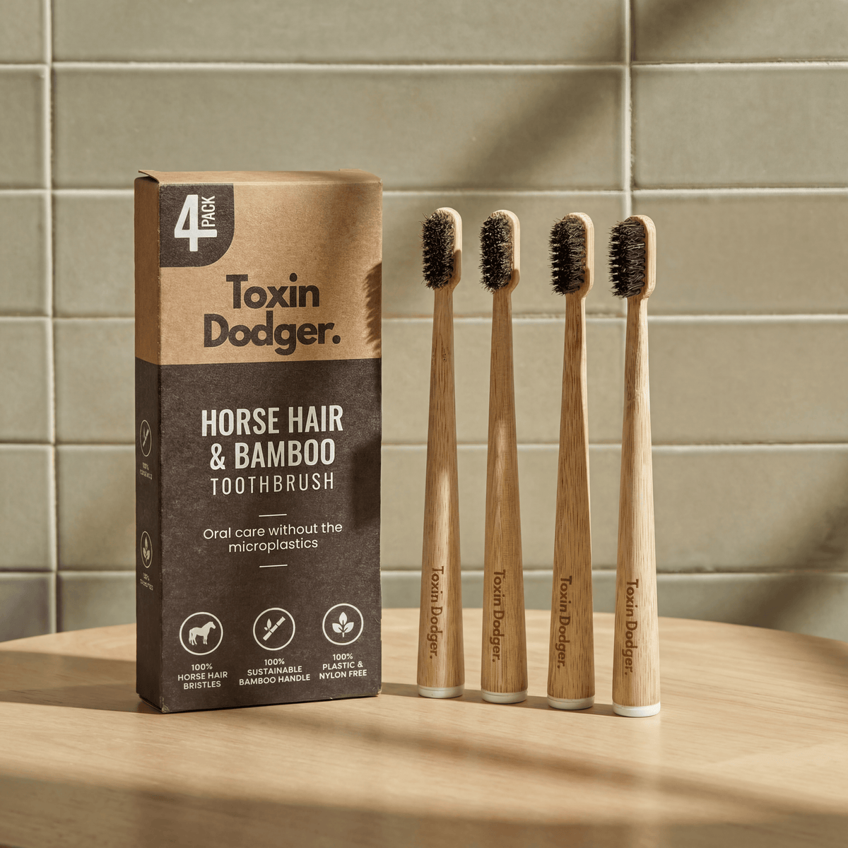 Bamboo Toothbrush Set of 4 with Boar or Horse Natural Bristles