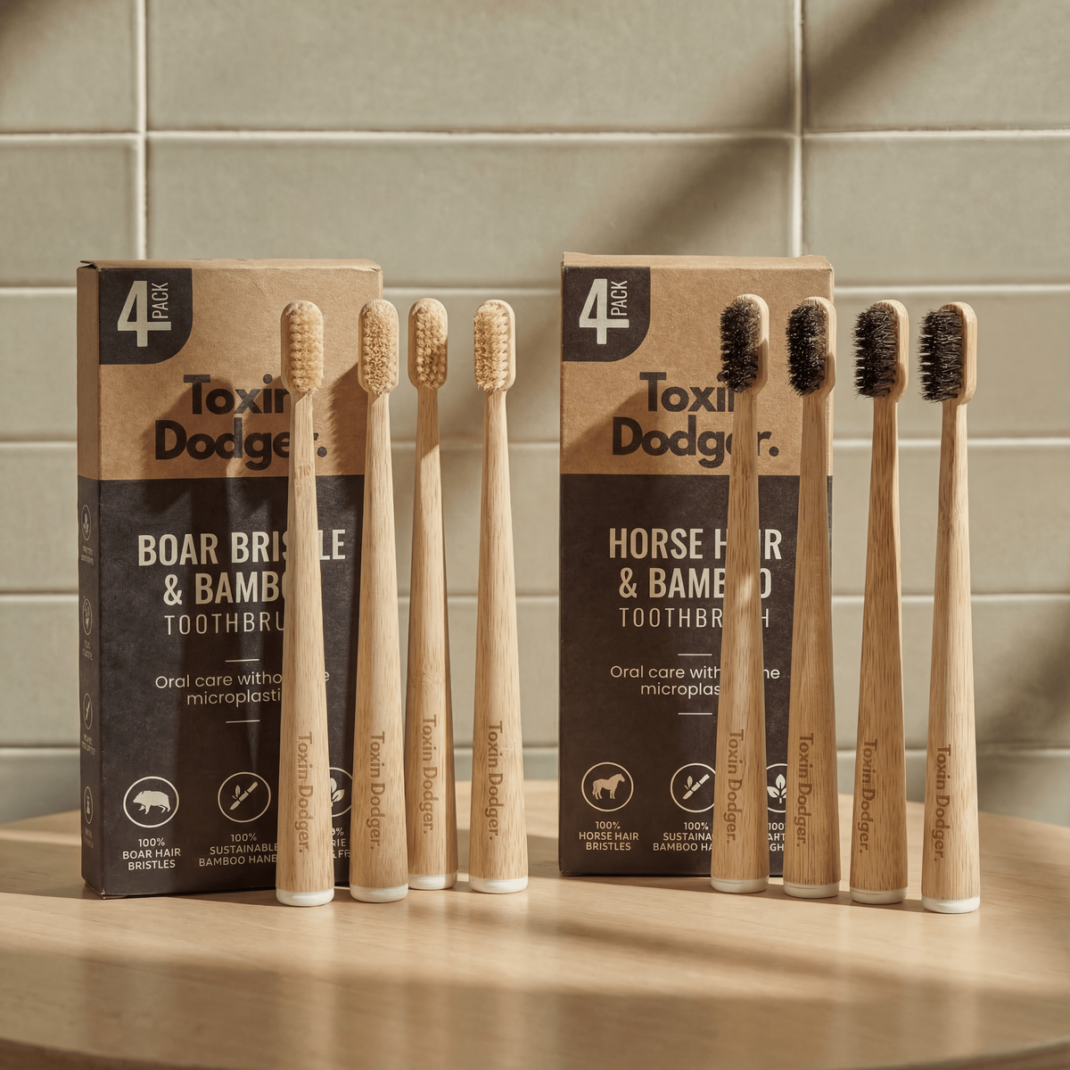 Bamboo Toothbrush Set of 4 with Boar or Horse Natural Bristles