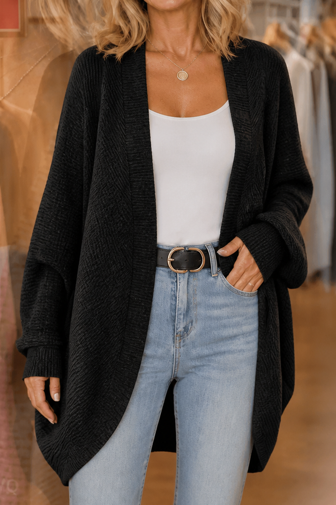 Batwing Sleeve Open-Front Knit Cardigan