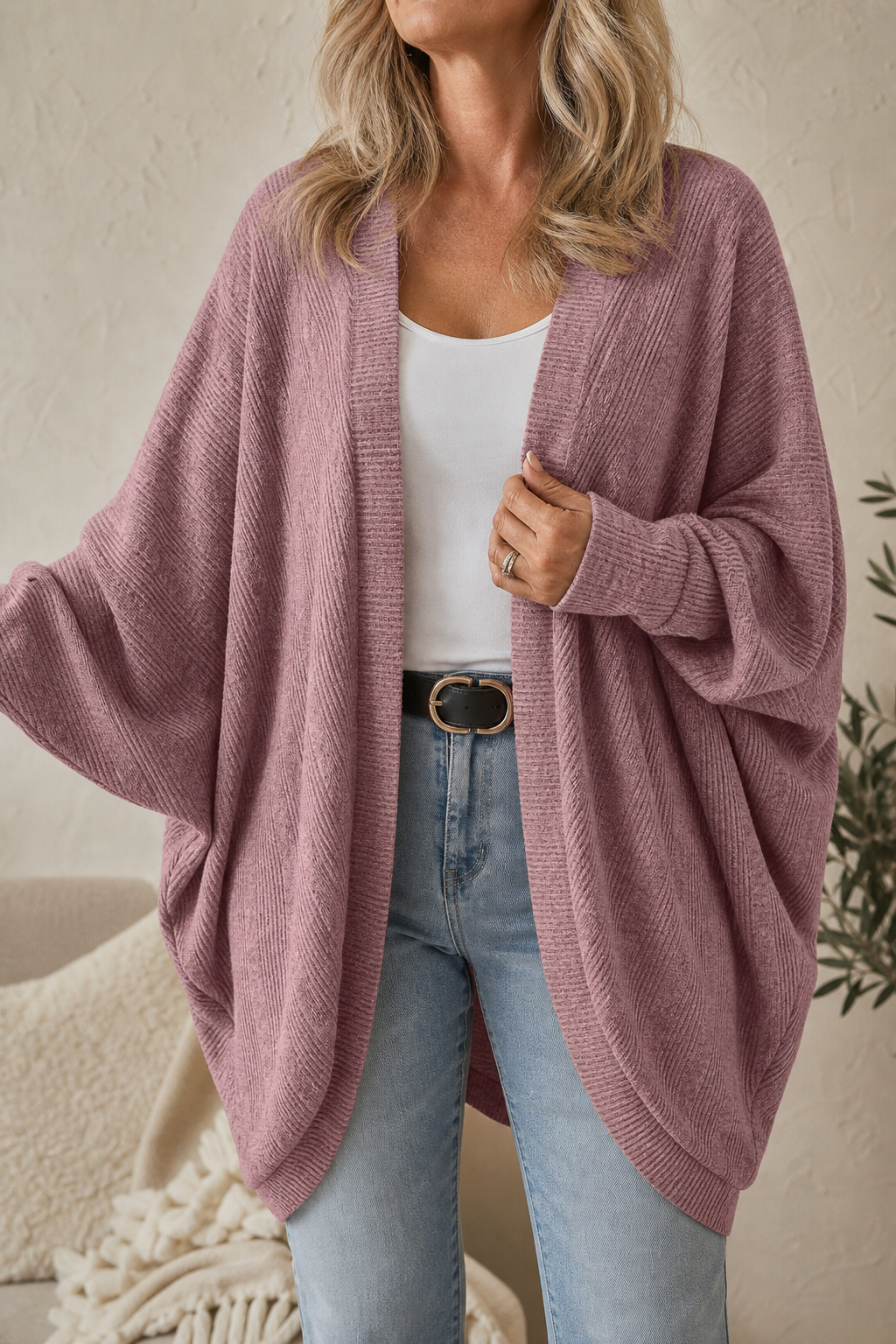 Batwing Sleeve Open-Front Knit Cardigan