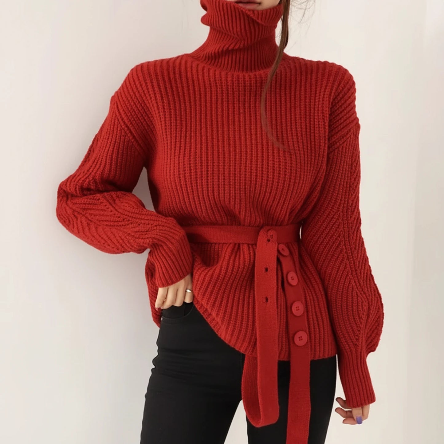 Belted Turtleneck Sweater for Women