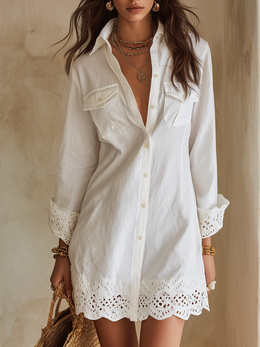 Bohemian White Eyelet-Hem Resort Mini Shirt Dress