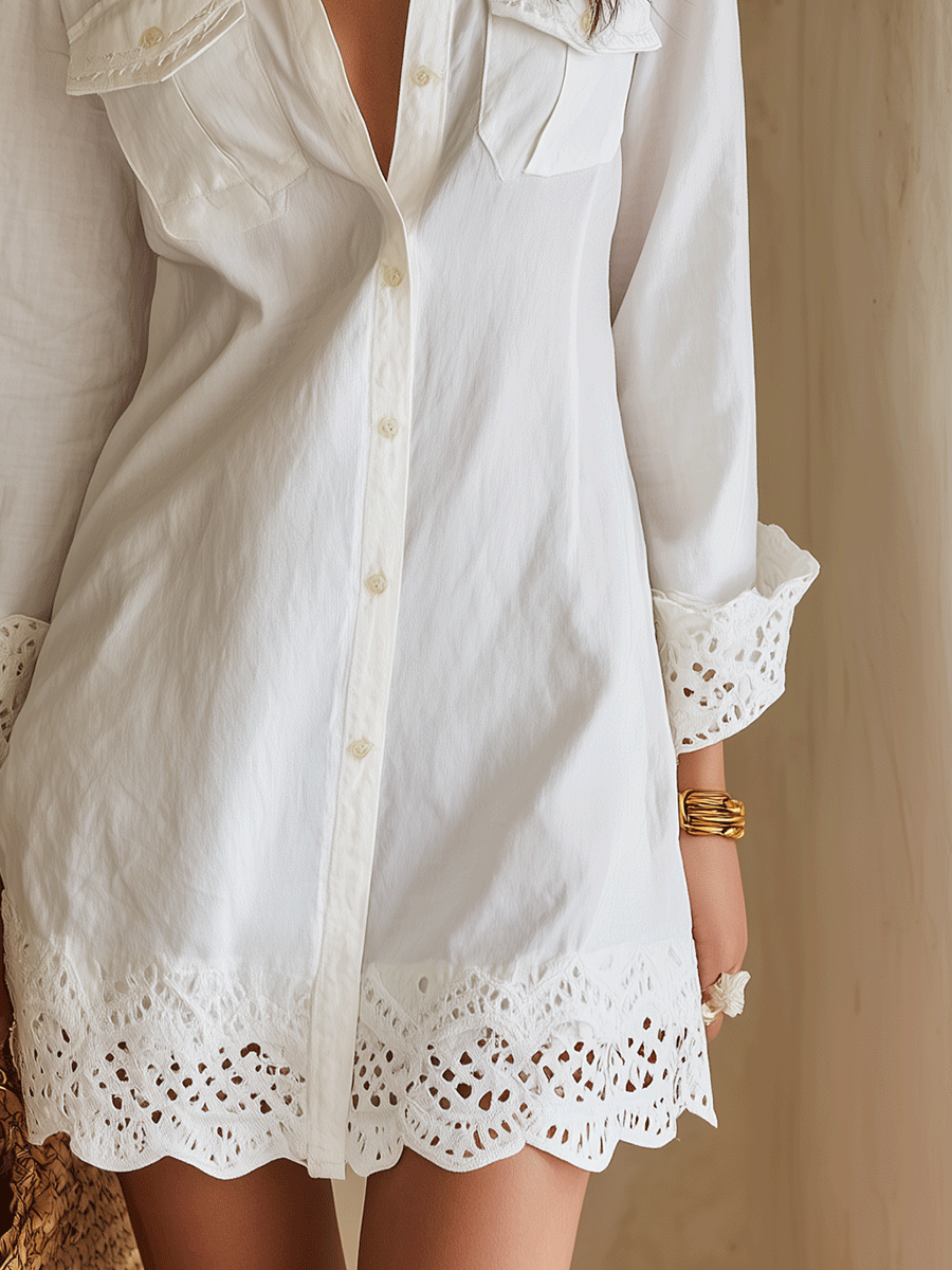 Bohemian White Eyelet-Hem Resort Mini Shirt Dress