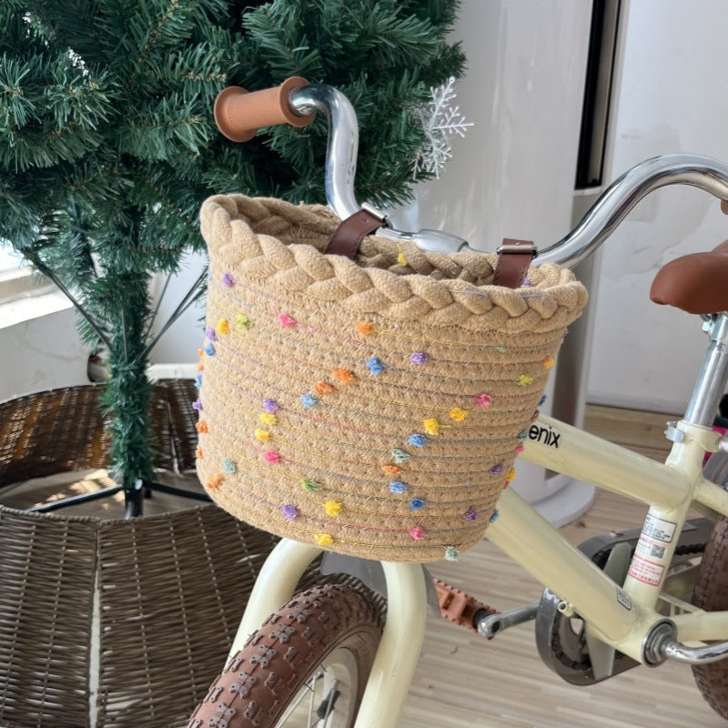 Braided Rope Bicycle Basket with Pom-Pom Embellishments and Leather Handlebar Straps
