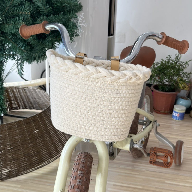 Braided Rope Bicycle Basket with Pom-Pom Embellishments and Leather Handlebar Straps