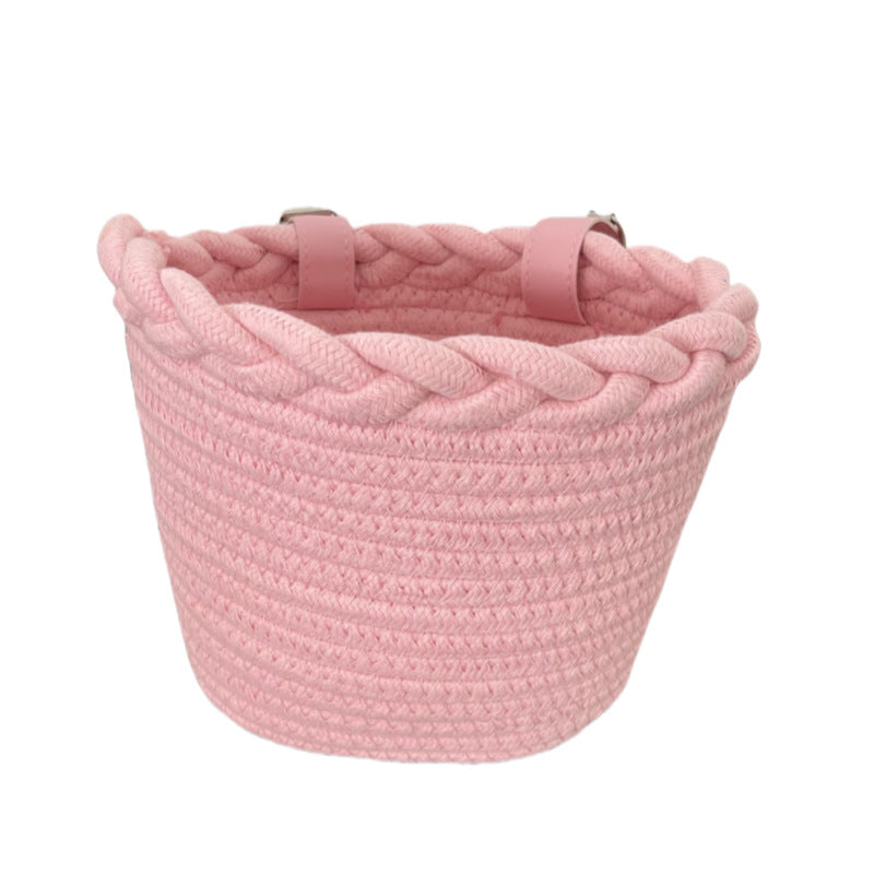 Braided Rope Bicycle Basket with Pom-Pom Embellishments and Leather Handlebar Straps