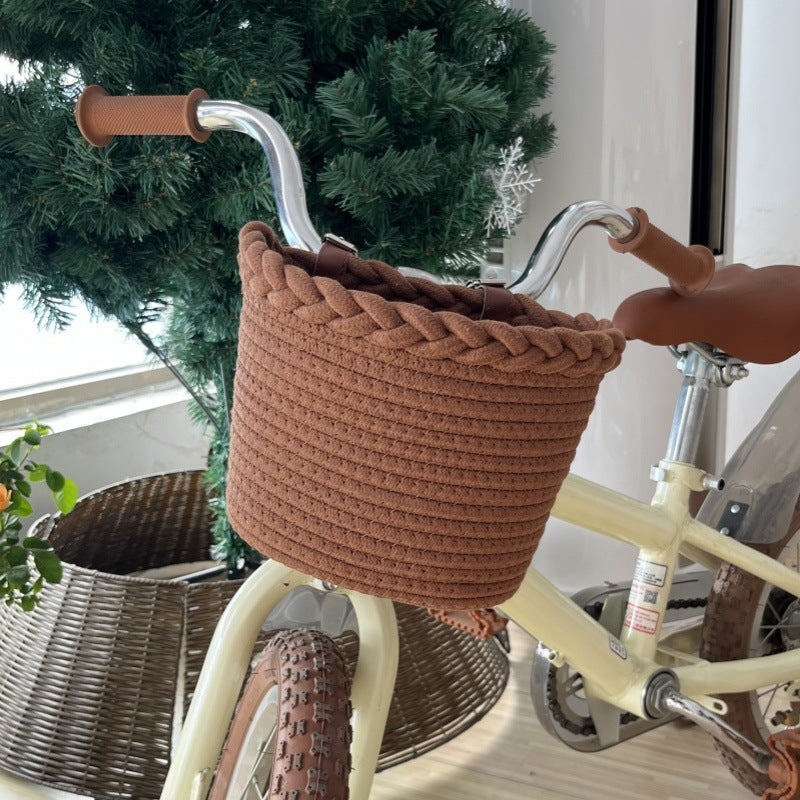 Braided Rope Bicycle Basket with Pom-Pom Embellishments and Leather Handlebar Straps