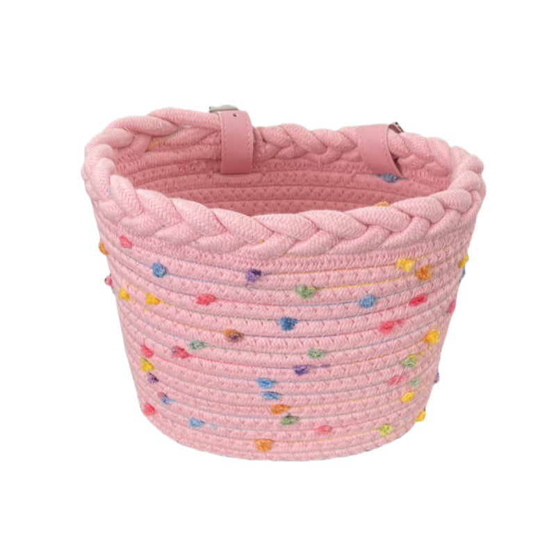 Braided Rope Bicycle Basket with Pom-Pom Embellishments and Leather Handlebar Straps