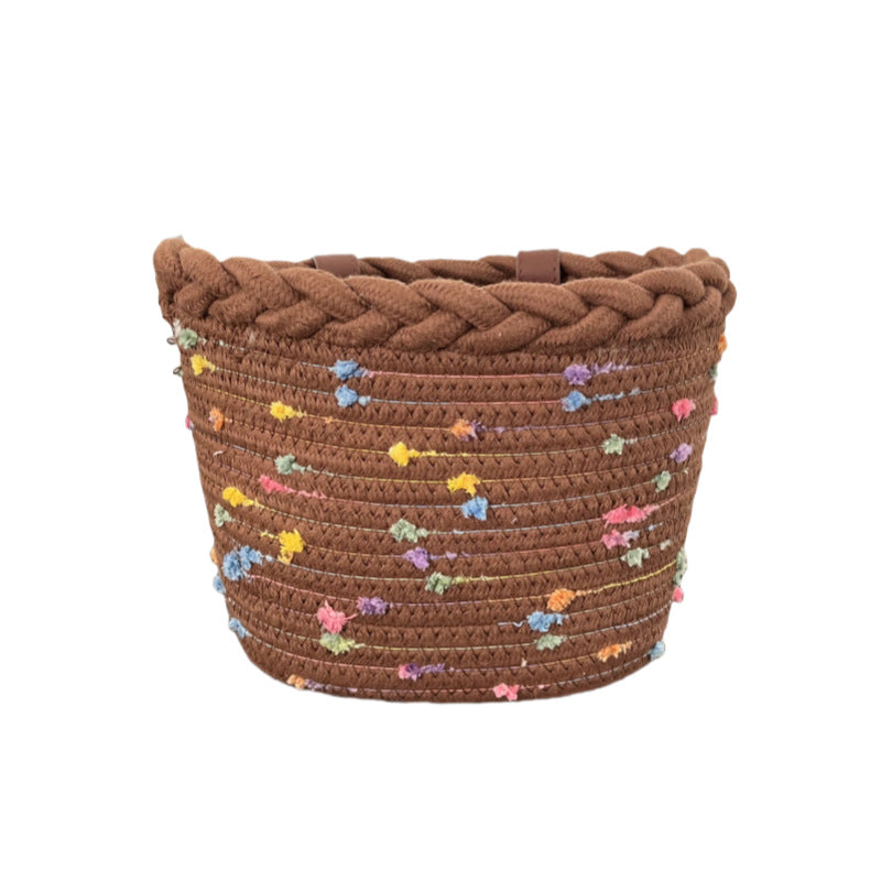Braided Rope Bicycle Basket with Pom-Pom Embellishments and Leather Handlebar Straps