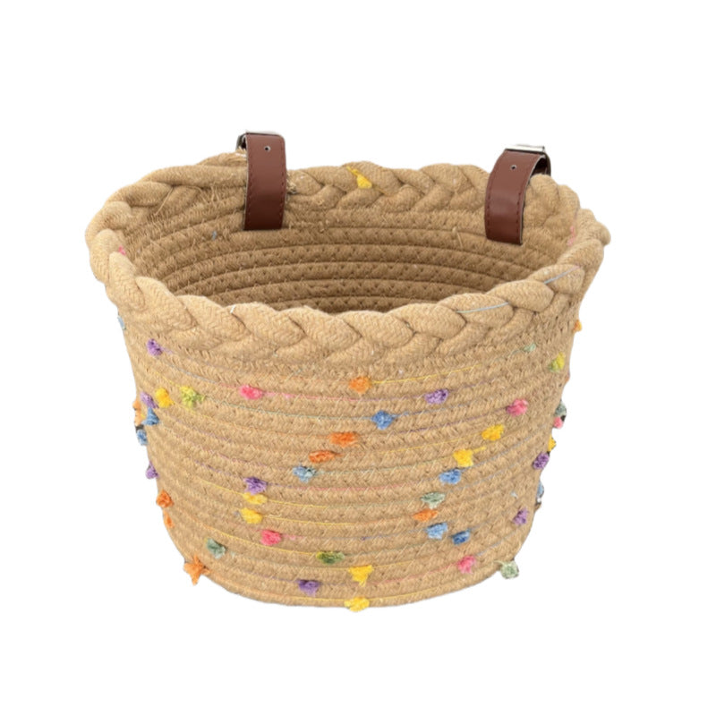 Braided Rope Bicycle Basket with Pom-Pom Embellishments and Leather Handlebar Straps