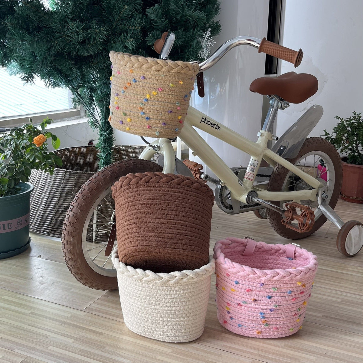 Braided Rope Bicycle Basket with Pom-Pom Embellishments and Leather Handlebar Straps