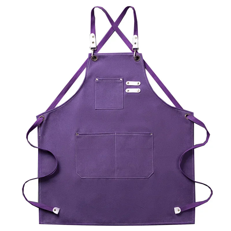 Canvas Cross-Back Chef and Utility Apron with Leather Trim and Pockets for BBQ and Workshop