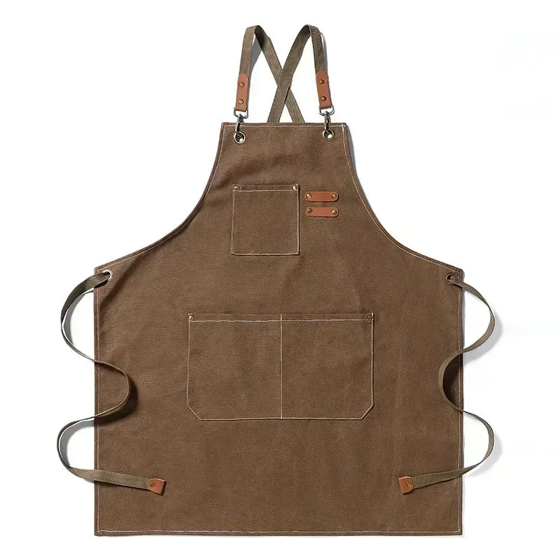 Canvas Cross-Back Chef and Utility Apron with Leather Trim and Pockets for BBQ and Workshop