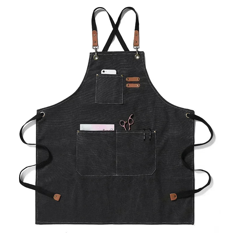 Canvas Cross-Back Chef and Utility Apron with Leather Trim and Pockets for BBQ and Workshop
