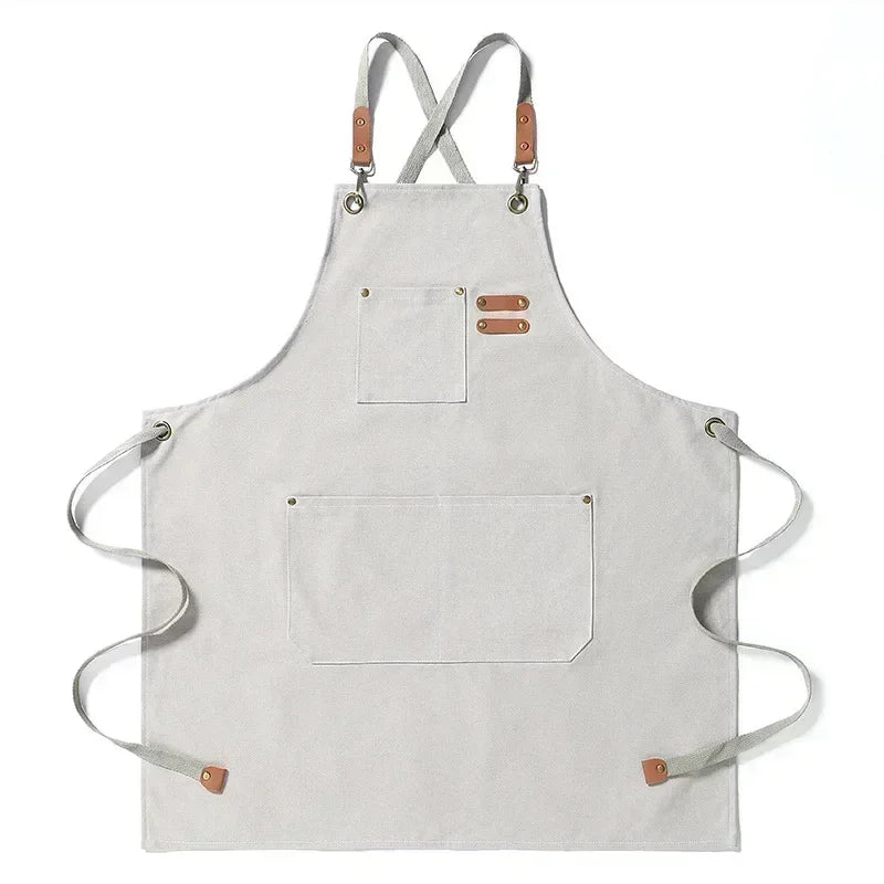 Canvas Cross-Back Chef and Utility Apron with Leather Trim and Pockets for BBQ and Workshop