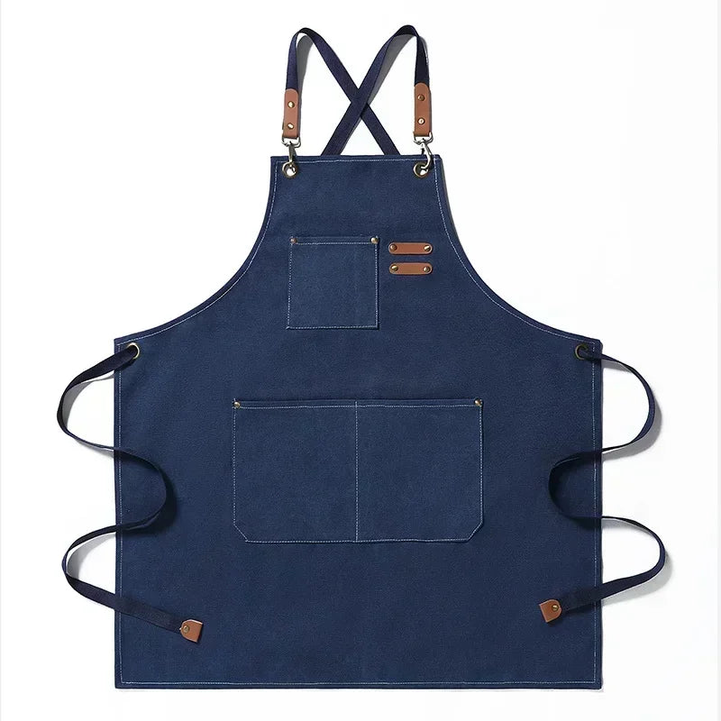 Canvas Cross-Back Chef and Utility Apron with Leather Trim and Pockets for BBQ and Workshop