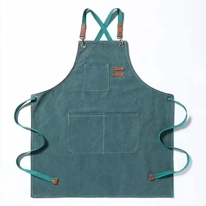 Canvas Cross-Back Chef and Utility Apron with Leather Trim and Pockets for BBQ and Workshop