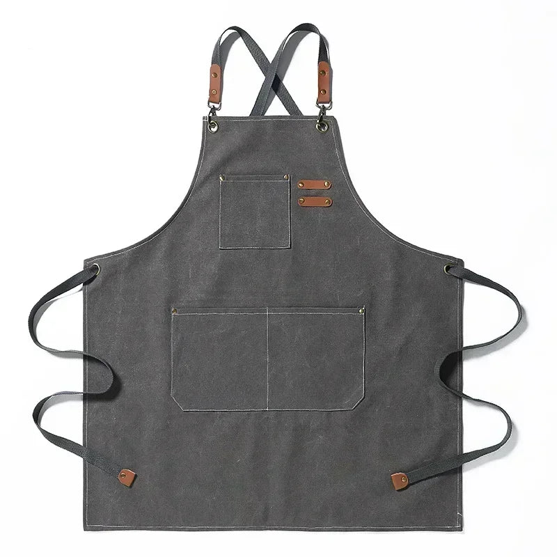 Canvas Cross-Back Chef and Utility Apron with Leather Trim and Pockets for BBQ and Workshop