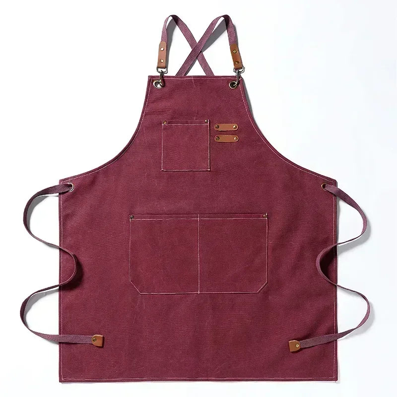 Canvas Cross-Back Chef and Utility Apron with Leather Trim and Pockets for BBQ and Workshop