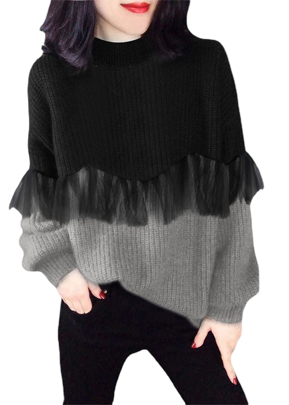Image of Catherine | Women's Color Block Ruffle Trim Long Sleeve Sweater
