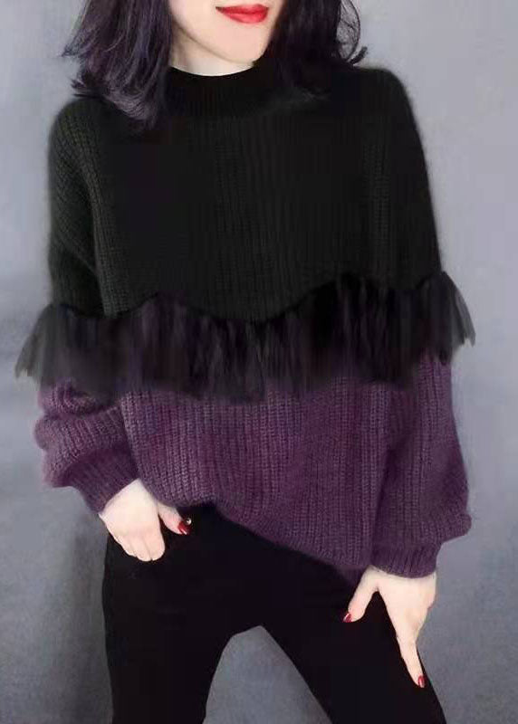 Image of Catherine | Women's Color Block Ruffle Trim Long Sleeve Sweater