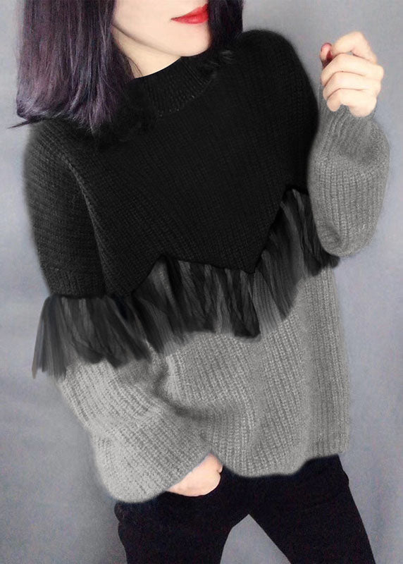 Image of Catherine | Women's Color Block Ruffle Trim Long Sleeve Sweater