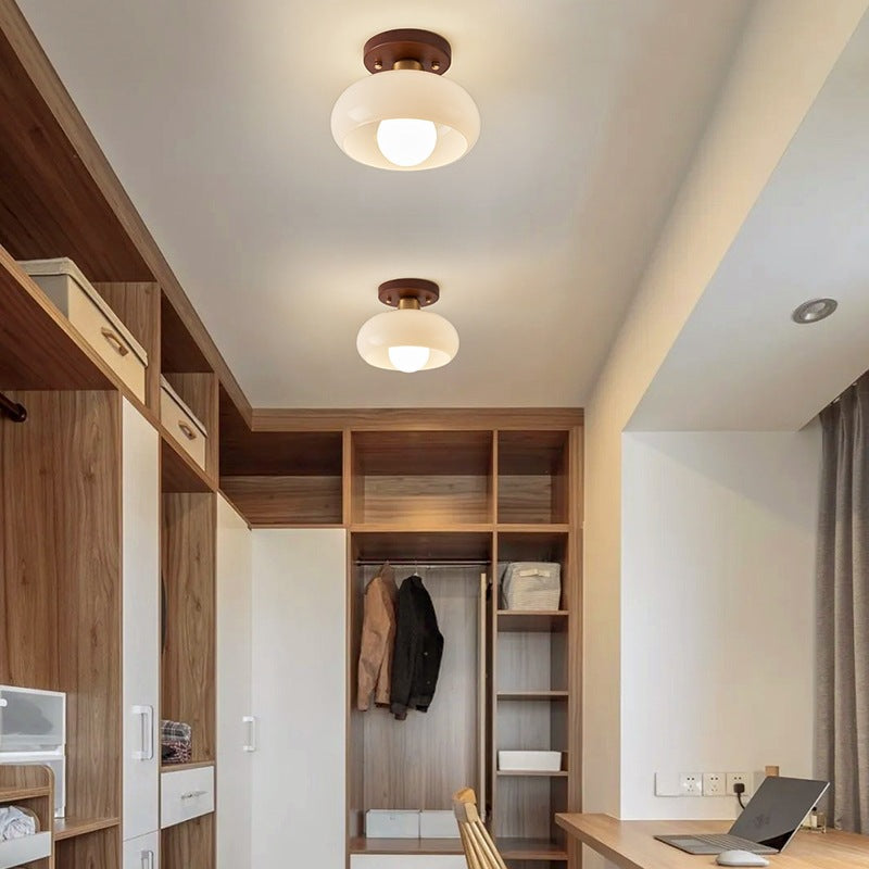 Ceiling Lamp with Warm Glow and Wooden Accent – Opal Glass Shade in Bauhaus Style for Bedroom and Living Room