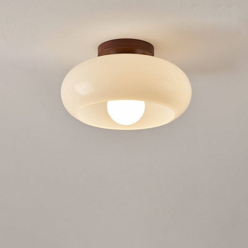 Ceiling Lamp with Warm Glow and Wooden Accent – Opal Glass Shade in Bauhaus Style for Bedroom and Living Room