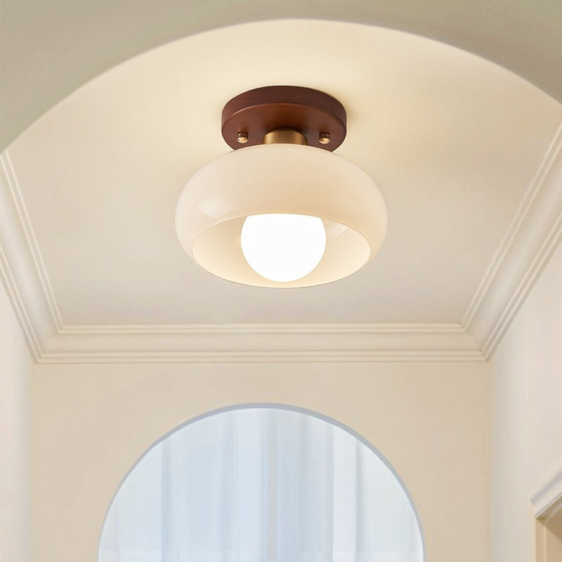 Ceiling Lamp with Warm Glow and Wooden Accent – Opal Glass Shade in Bauhaus Style for Bedroom and Living Room