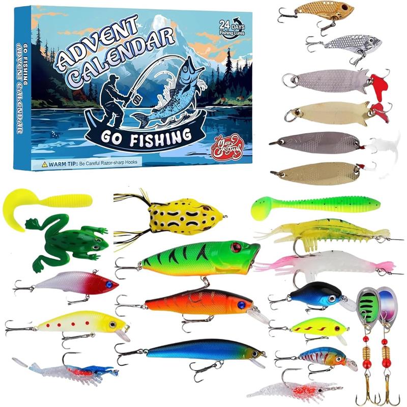 Christmas Fishing Lure Advent Calendar Blind Box Set with Minnow, Popper, and Spoons