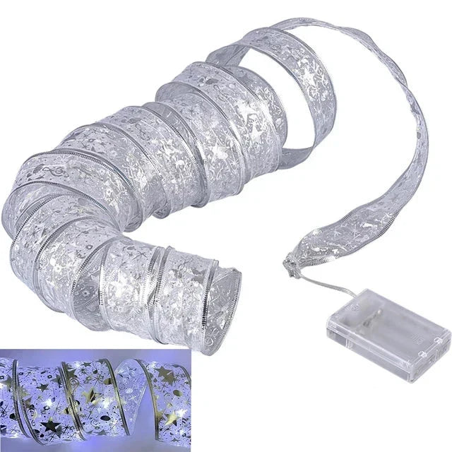 Christmas Ribbon Lights – LED Fairy Lights with Organza Ribbon for Christmas Trees, 3 m or 5 m, 6 Styles