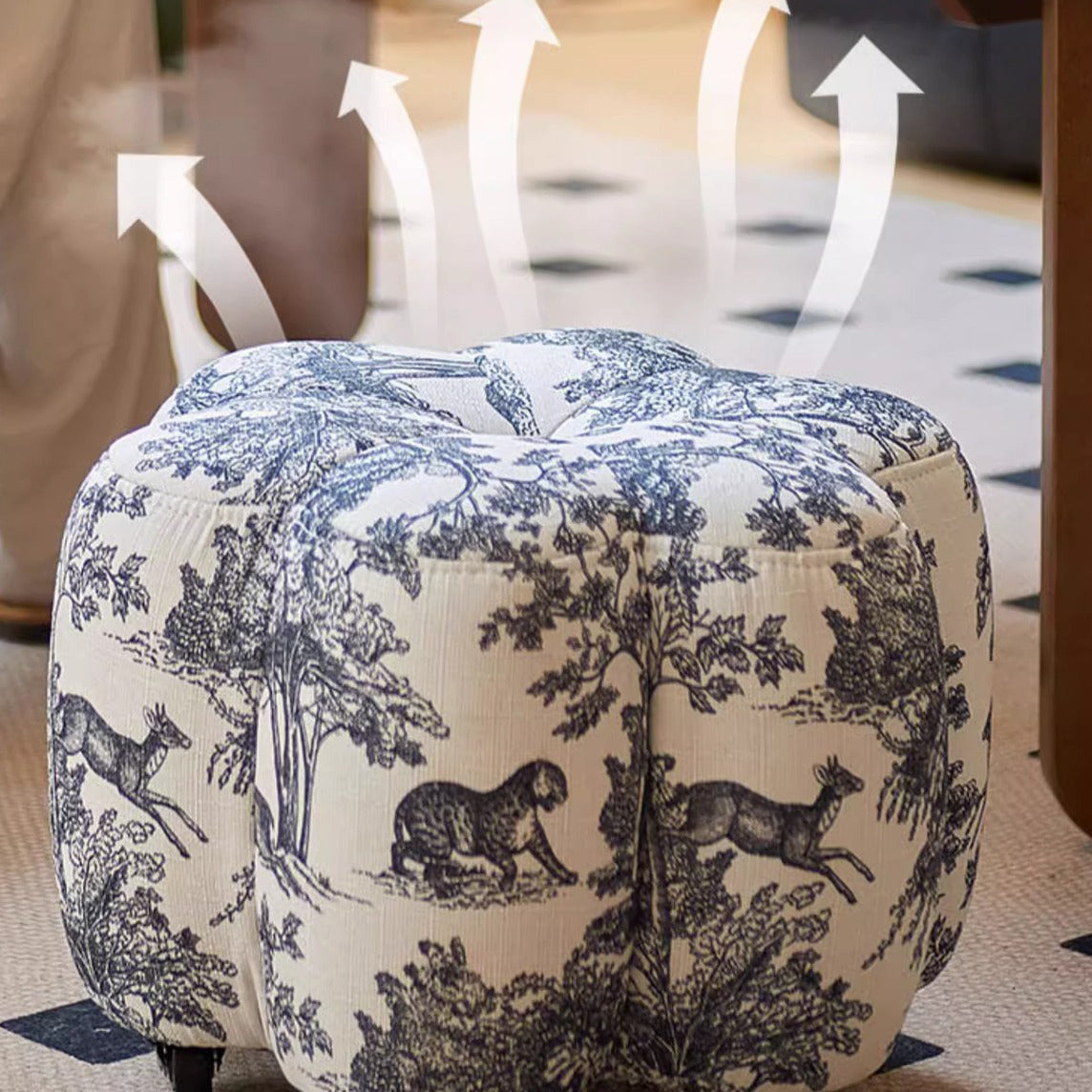 Contemporary Retro Flower Footstool with Wheels, Pine Wood Backless Armless Cotton Linen & Faux Oil-Waxed Leather Living Room Ottoman