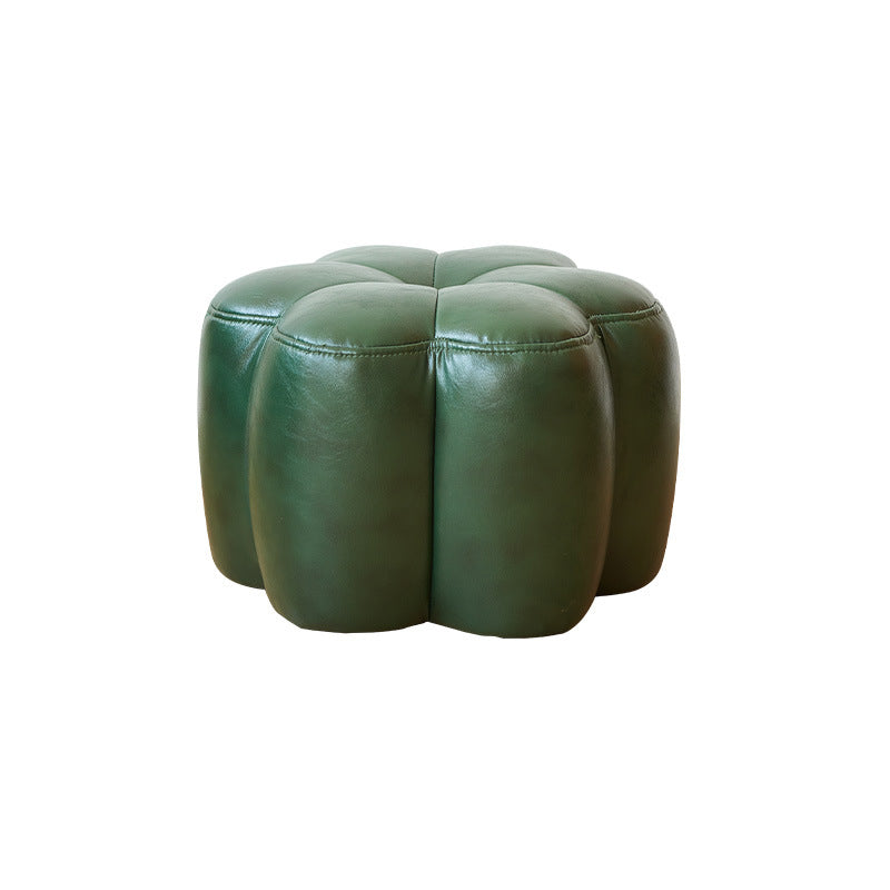 Contemporary Retro Flower Footstool with Wheels, Pine Wood Backless Armless Cotton Linen & Faux Oil-Waxed Leather Living Room Ottoman