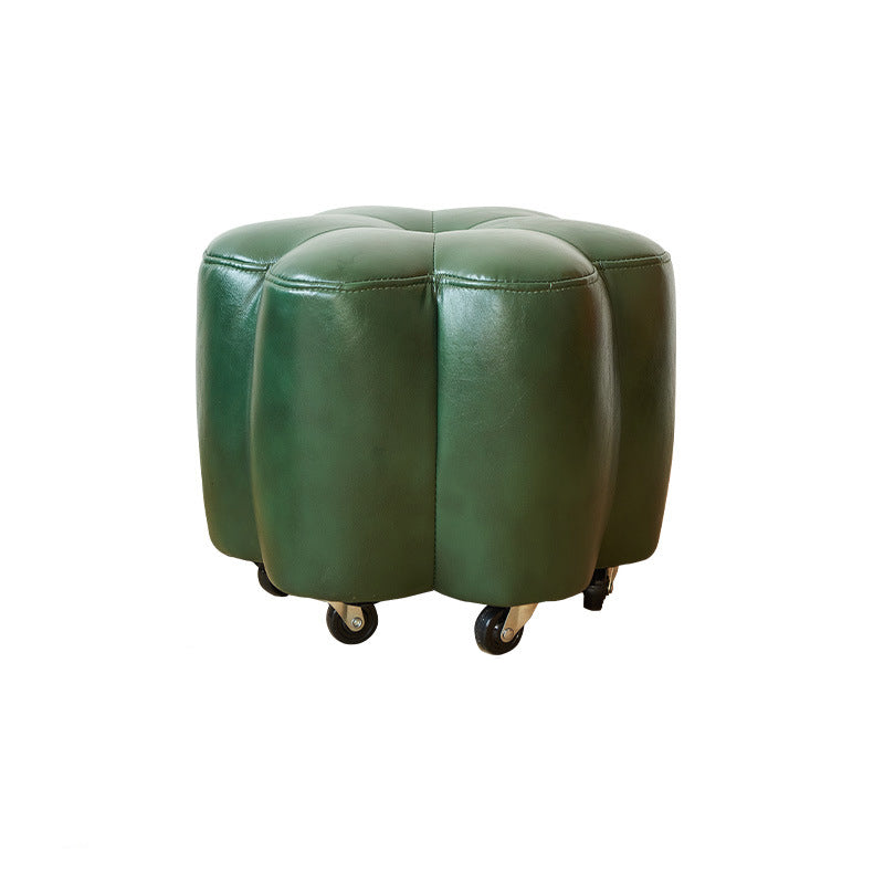 Contemporary Retro Flower Footstool with Wheels, Pine Wood Backless Armless Cotton Linen & Faux Oil-Waxed Leather Living Room Ottoman