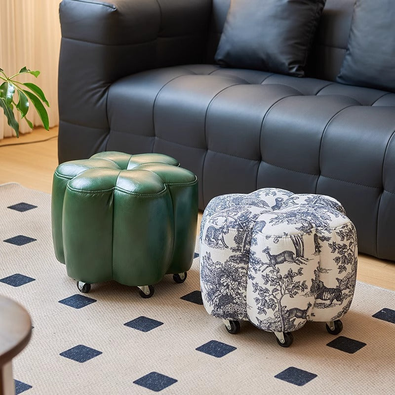 Contemporary Retro Flower Footstool with Wheels, Pine Wood Backless Armless Cotton Linen & Faux Oil-Waxed Leather Living Room Ottoman