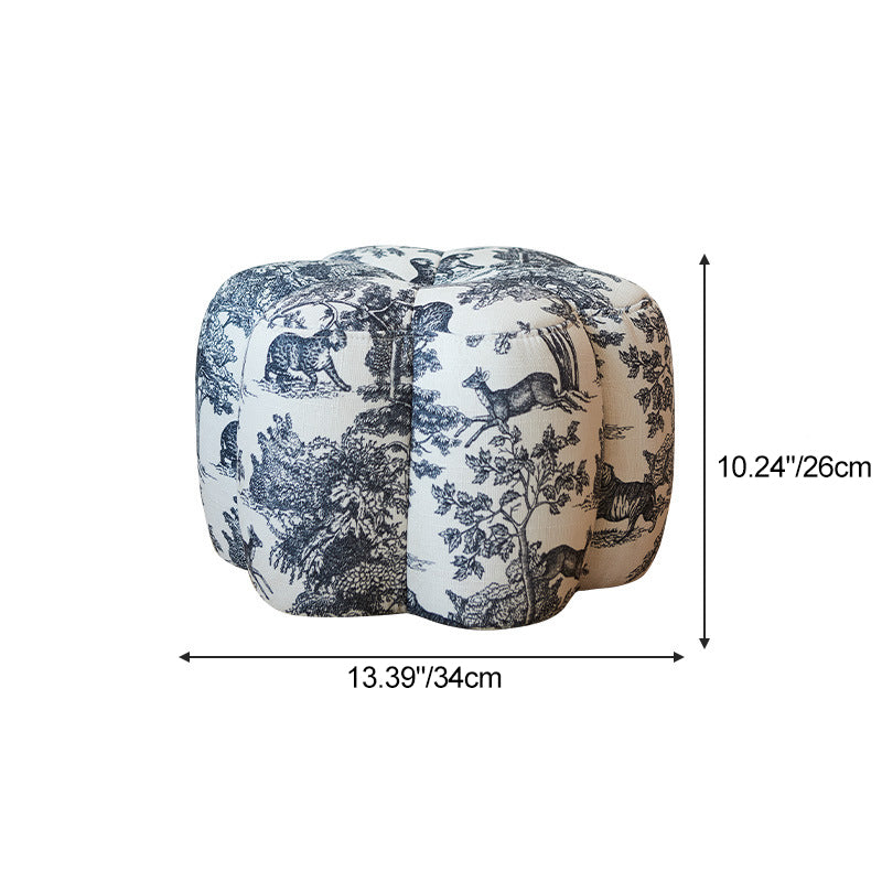 Contemporary Retro Flower Footstool with Wheels, Pine Wood Backless Armless Cotton Linen & Faux Oil-Waxed Leather Living Room Ottoman