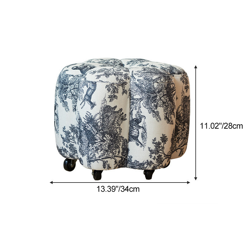 Contemporary Retro Flower Footstool with Wheels, Pine Wood Backless Armless Cotton Linen & Faux Oil-Waxed Leather Living Room Ottoman