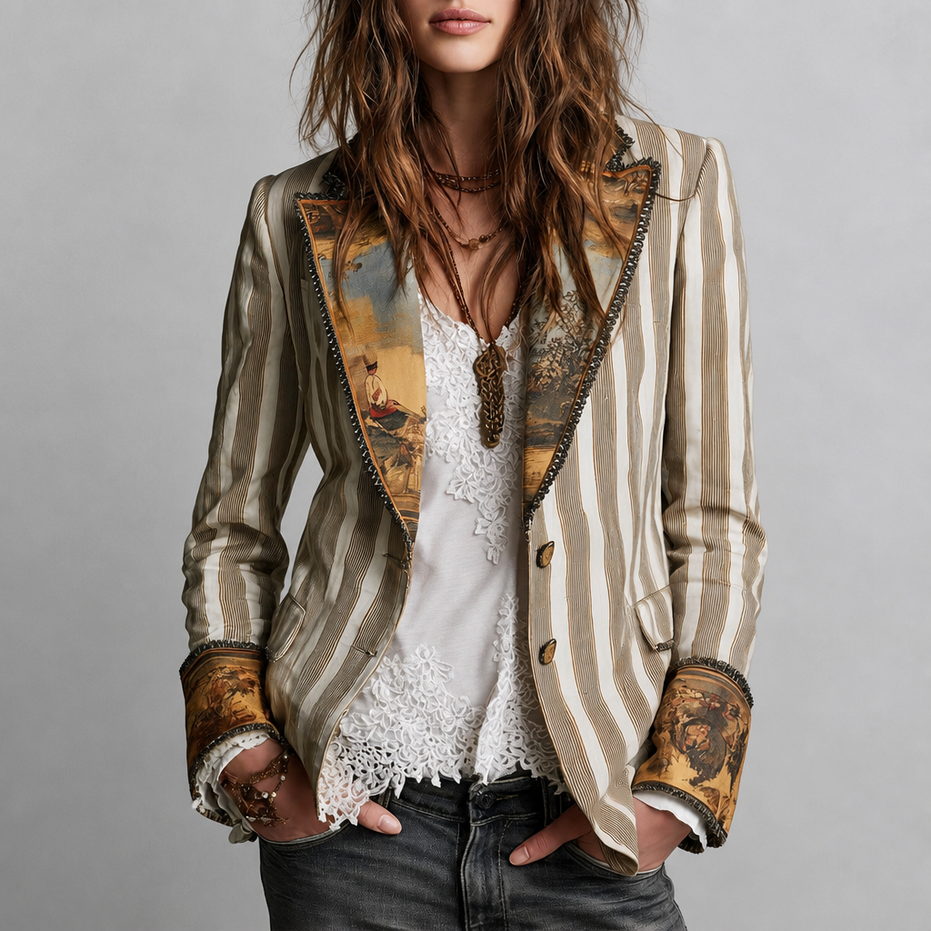 Contrast-Trim Herringbone Structured Blazer