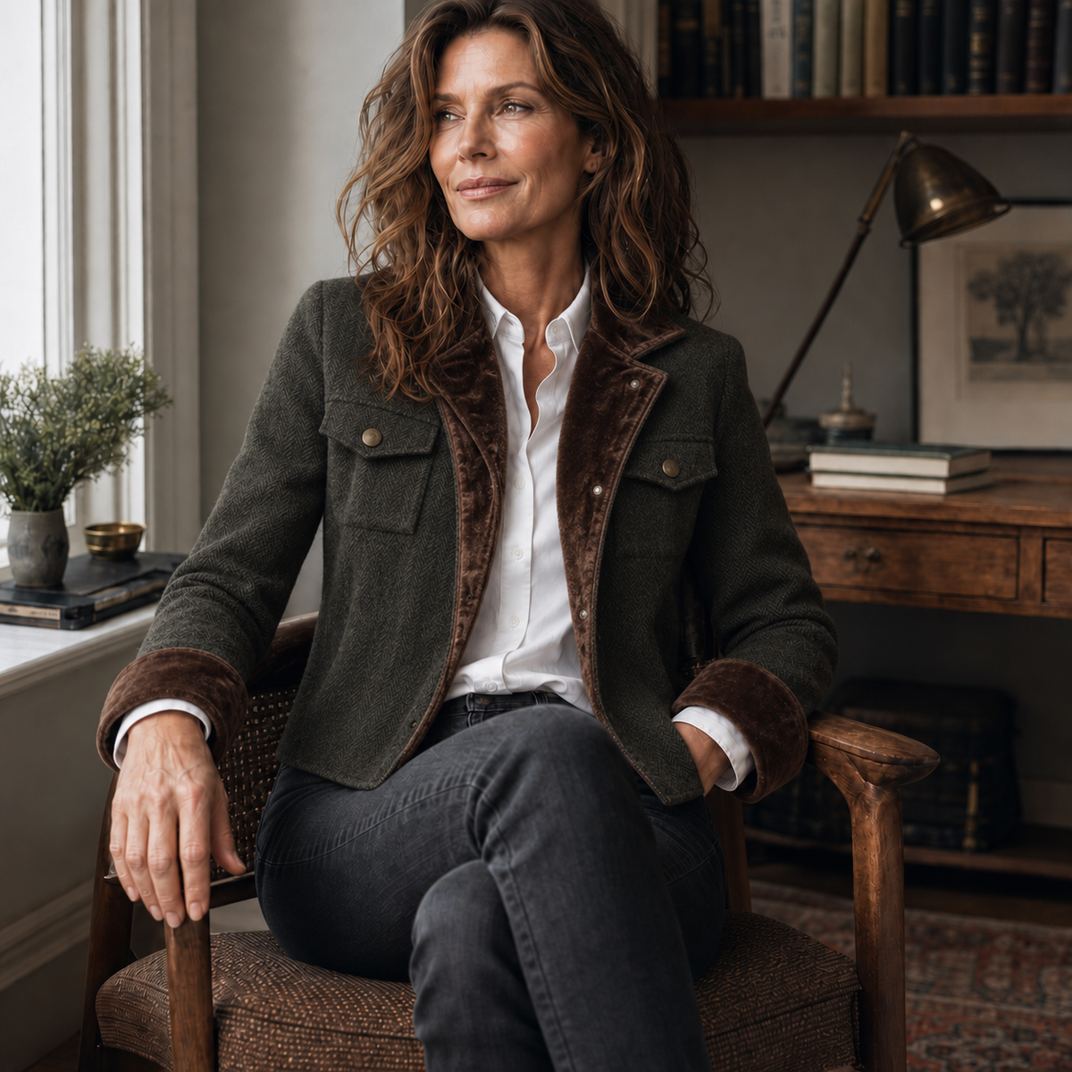 Contrast-Trim Herringbone Structured Blazer
