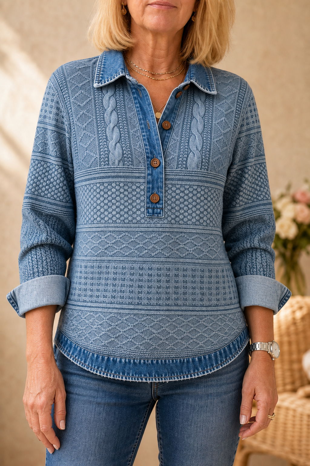 Denim Patchwork Textured Knit Blouse