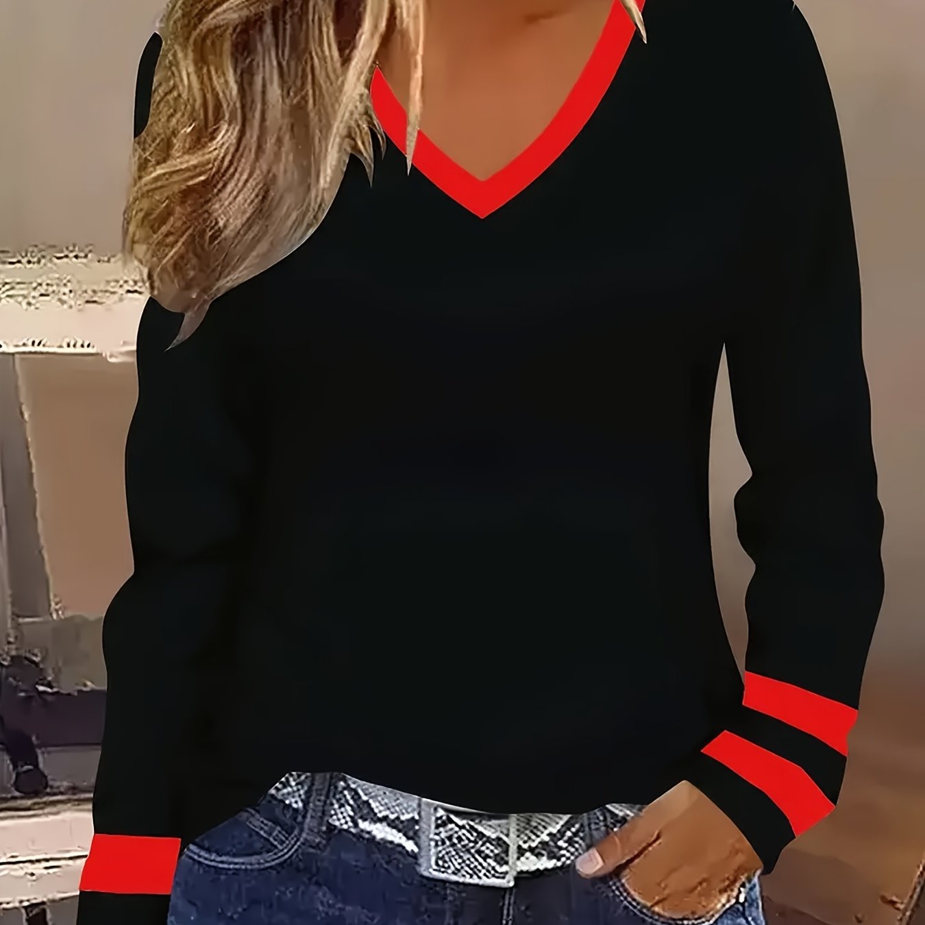 Image of Donna | Women's Long Sleeve Contrast Trim T-Shirt
