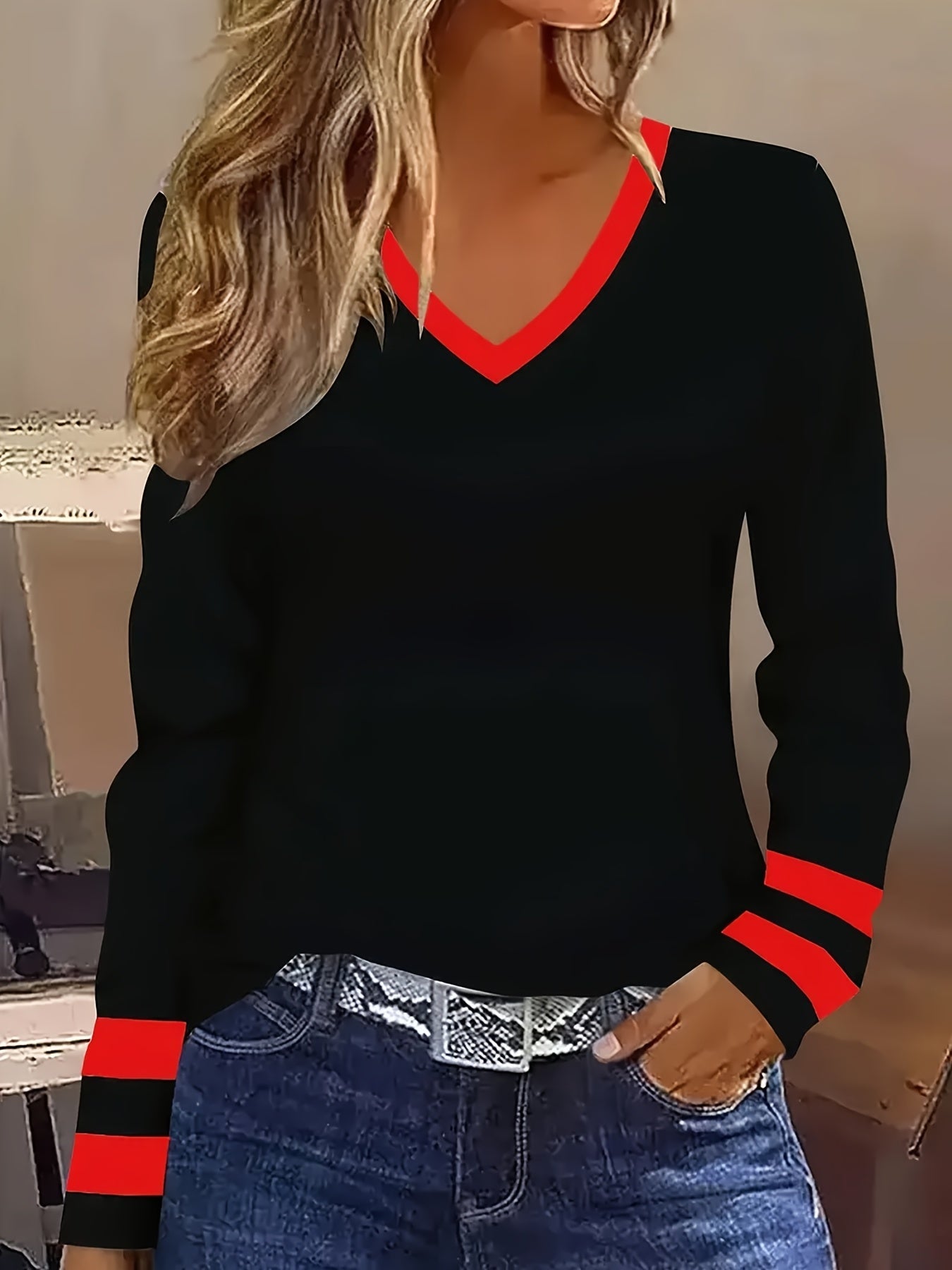 Image of Donna | Women's Long Sleeve Contrast Trim T-Shirt