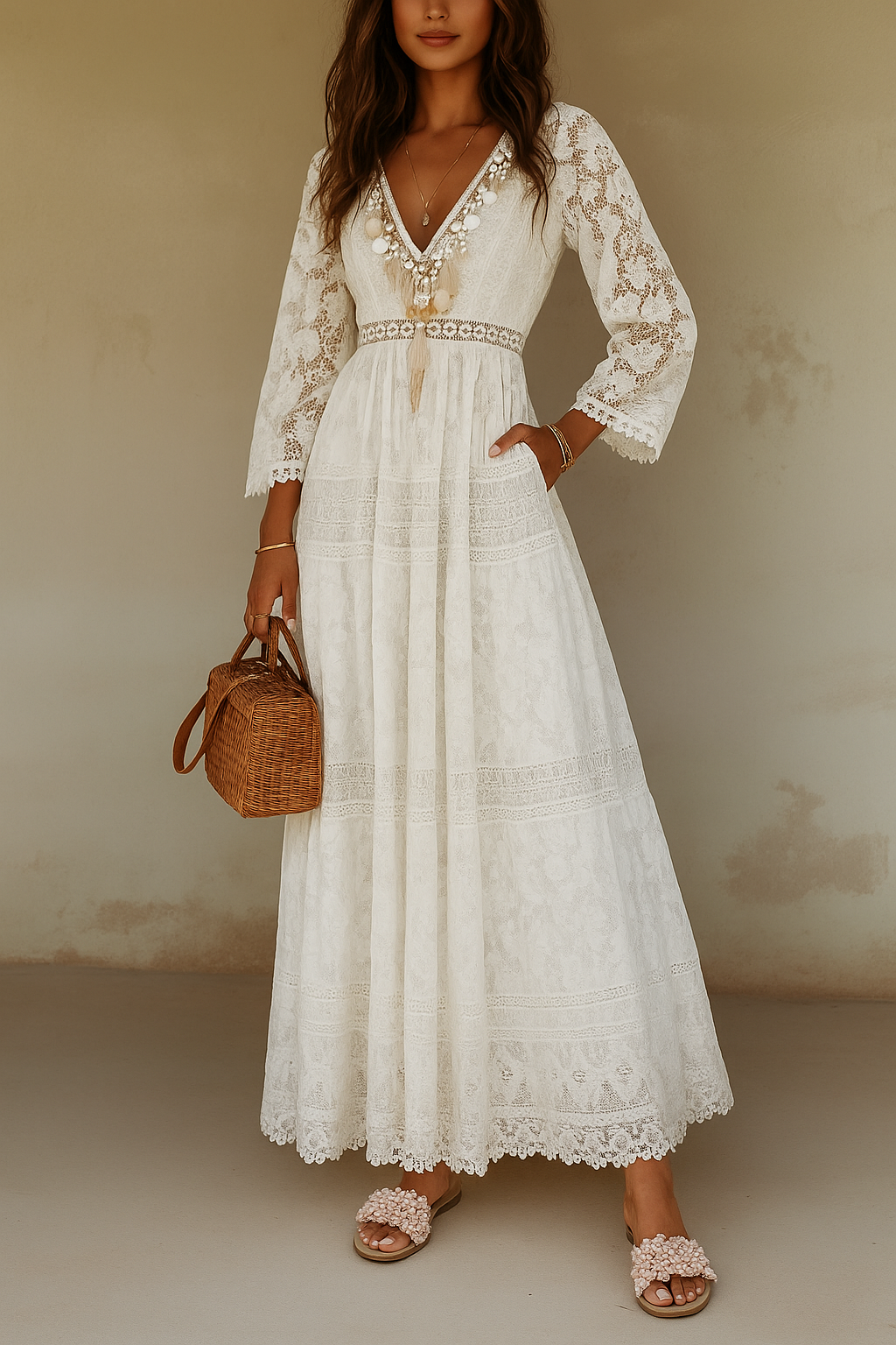 Image of Doris | Women's V-Neck Lace Maxi Dress