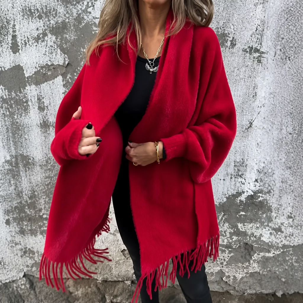 Draped Shawl Collar Open-Front Wool Coat