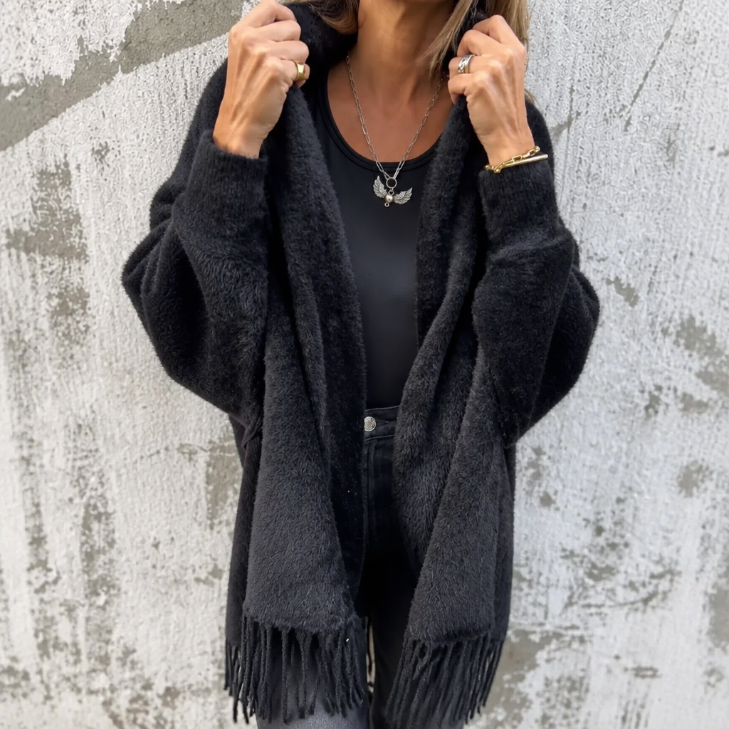 Draped Shawl Collar Open-Front Wool Coat