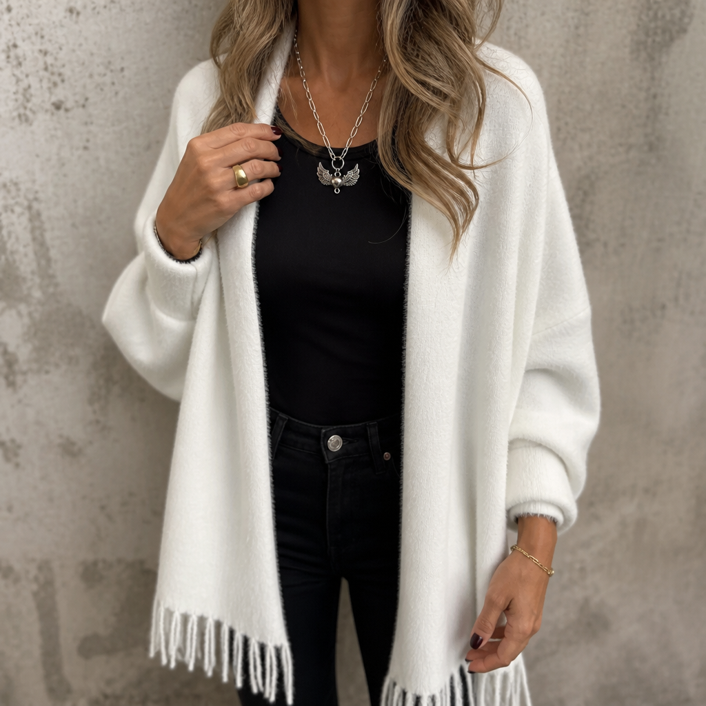 Draped Shawl Collar Open-Front Wool Coat
