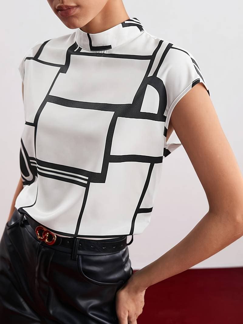 Image of Ellen | Women's Sleeveless Mock Neck Graphic Print Blouse